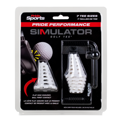 The white Pride Performance Simulator Golf Tee package, 7 tee sizes with mesh carry pouch.