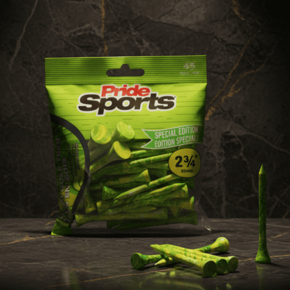 Green PrideSports golf tees packaging with green paint-splatter design and wood golf tees arranged on dark textured stone background