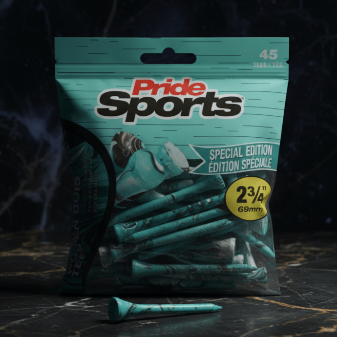 Close-up of teal PrideSports golf tees package with paint-splatter design and visible wooden tees on dark marble surface