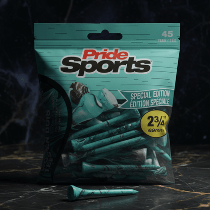 Close-up of teal PrideSports golf tees package with paint-splatter design and visible wooden tees on dark marble surface