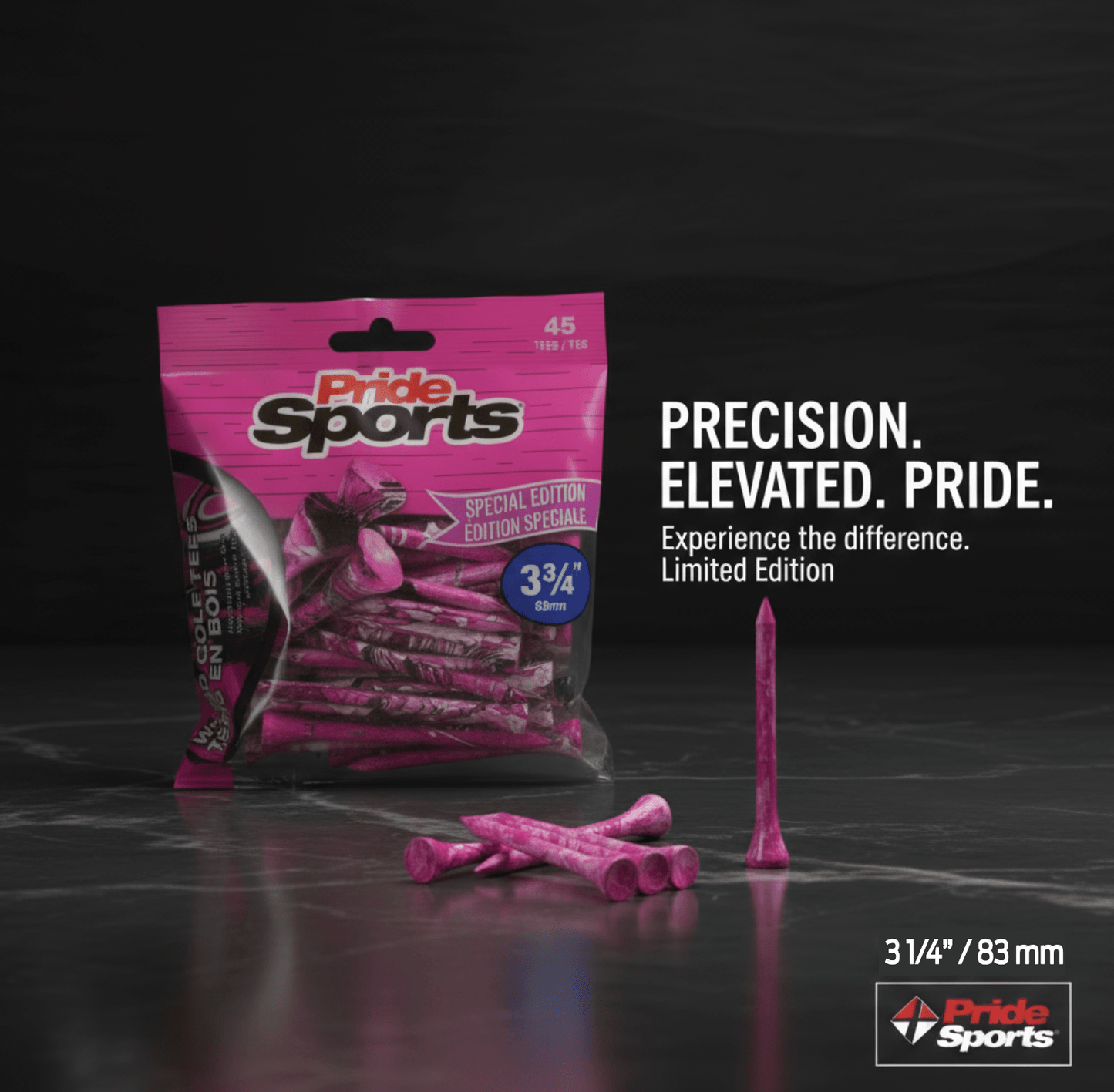Pink PrideSports golf tees package with pink paint-splatter design and scattered tees arranged on dark background