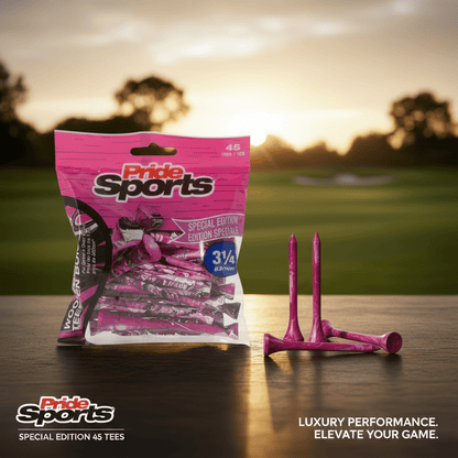 Pink PrideSports golf tees package with paint-splatter design and upright and scattered pink tees on wooden surface with blurred golf course background