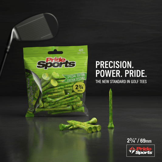 PrideSports golf tees package with green paint-splatter design next to golf club and tees on dark background