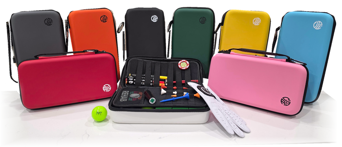 Pro Caddy color collection with an open organizer displaying golf accessories, a glove and a golf ball. Case only; accessories shown are not included.