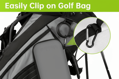 Golf bag with a clip-on device attached, featuring a close-up of the clip.