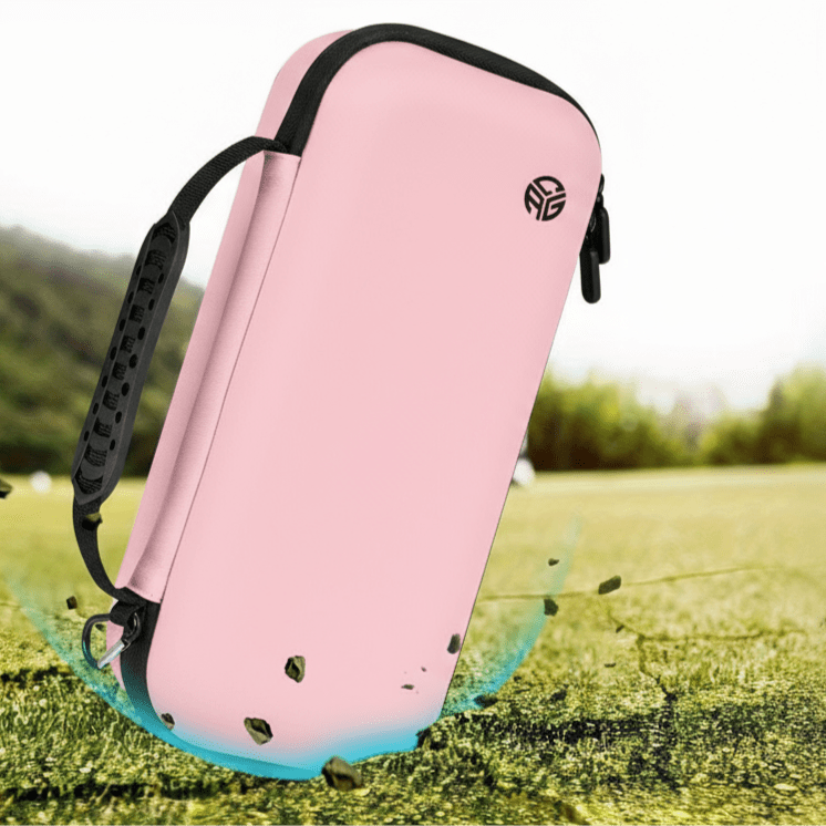 Pink hard shell case with a green background
