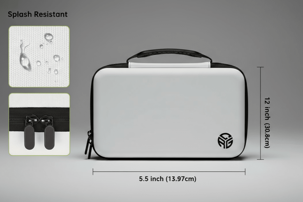 White carrying case with black handle and visible brand logo, shown with dimensions and splash resistance indicators on a gray background.