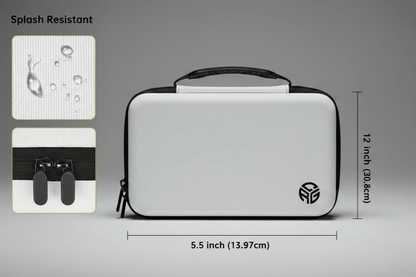 White carrying case with black handle and visible brand logo, shown with dimensions and splash resistance indicators on a gray background.