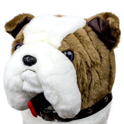 Close-up of the brown and white Bulldog driver headcover with cigar and collar details