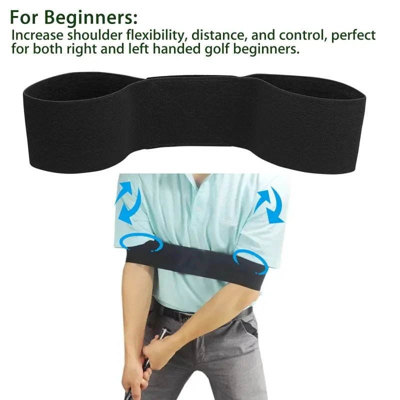 Black elastic golf swing trainer arm band worn across a golfer’s forearms, with arrows showing arm motion and a headline promoting flexibility and control for beginners.
