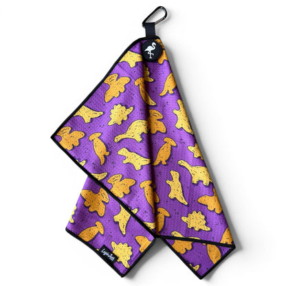 Purple Dino Chicken Nugget Golf Towel | 24” x 16” Microfiber Towel | Magnetic Clip & Carabiner | Premium Golf Accessory - Club Rehab