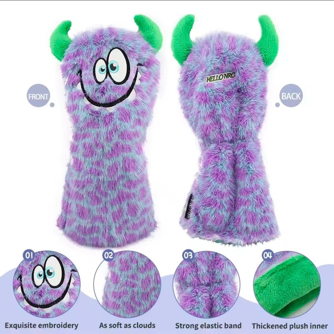 Purple People Eater Driver Headcover - Club Rehab - Golf Club HeadcoversPurple fuzzy golf club head cover with green horns and a smiley face, showing front and back views.