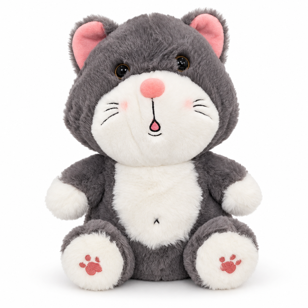 Purr & Par gray and white plush cat driver headcover, front view with pink embroidered paws