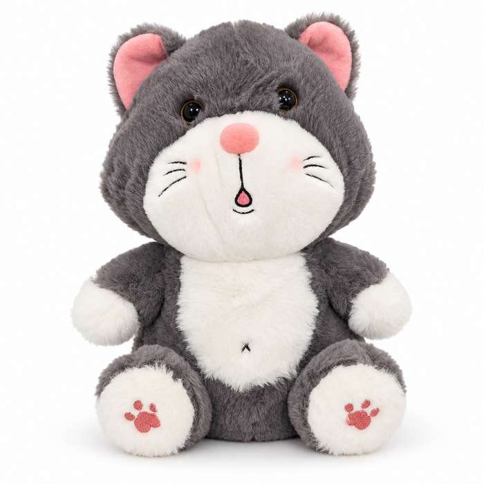 Purr & Par gray and white plush cat driver headcover, front view with pink embroidered paws