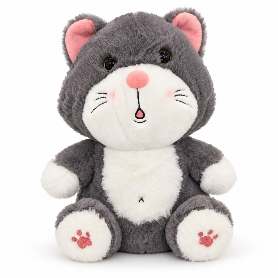 Purr & Par gray and white plush cat driver headcover, front view with pink embroidered paws