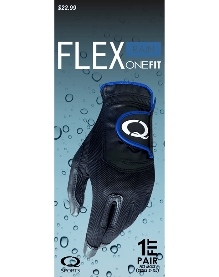 Q Sports FLEX OneFit rain golf gloves, black with blue trim, sold as a pair