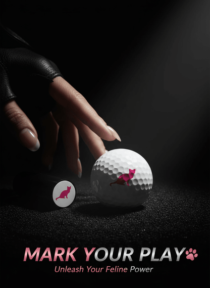 Golf ball with a paw print design and a hand in a black glove on a dark background, with text 'Mark Your Play' and 'Unleash Your Feline Power'.