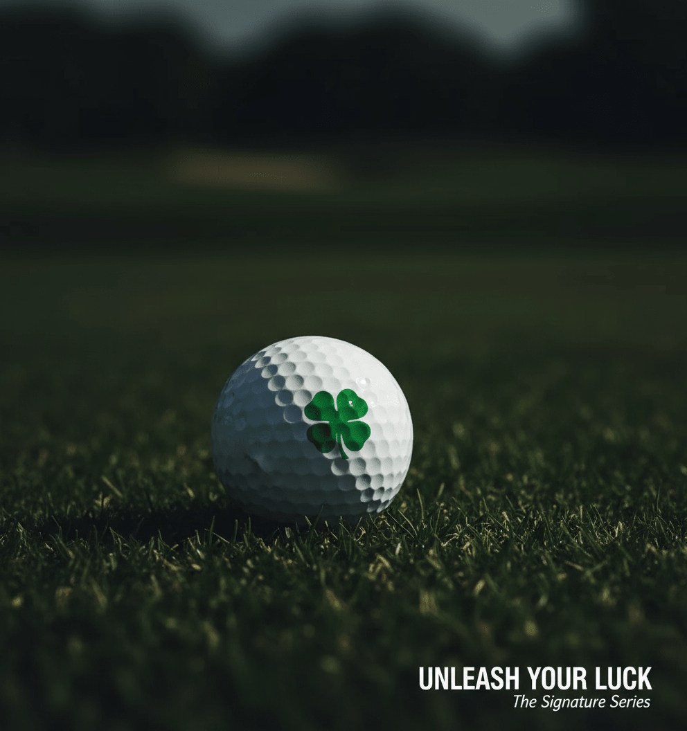 Golf ball with a green clover design on grass, featuring text 'Unleash Your Luck'.