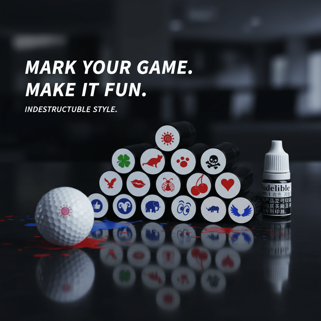 Golf balls with markers and a bottle of marker on a reflective surface, with text 'Mark Your Game. Make It Fun.'