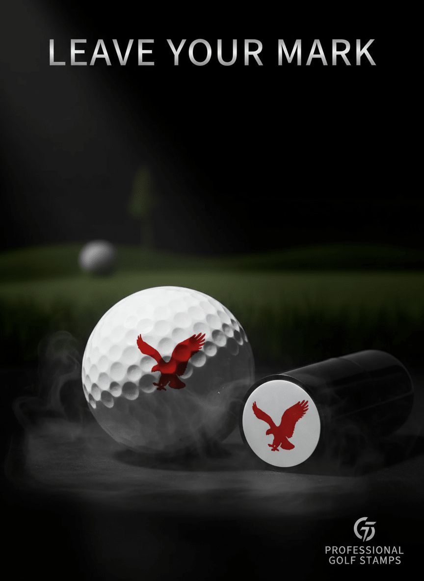 Golf ball with a red eagle logo and a stamp on a dark background with text 'Leave Your Mark'.