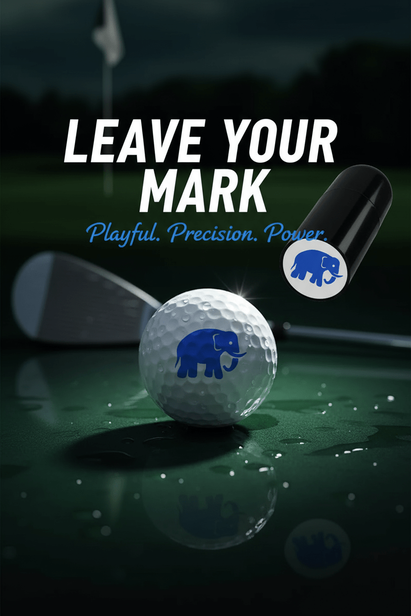Golf ball with a logo on a green surface, with text 'Leave Your Mark' and 'Playful. Precision. Power'.