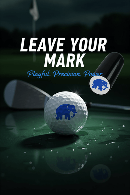 Golf ball with a logo on a green surface, with text 'Leave Your Mark' and 'Playful. Precision. Power'.