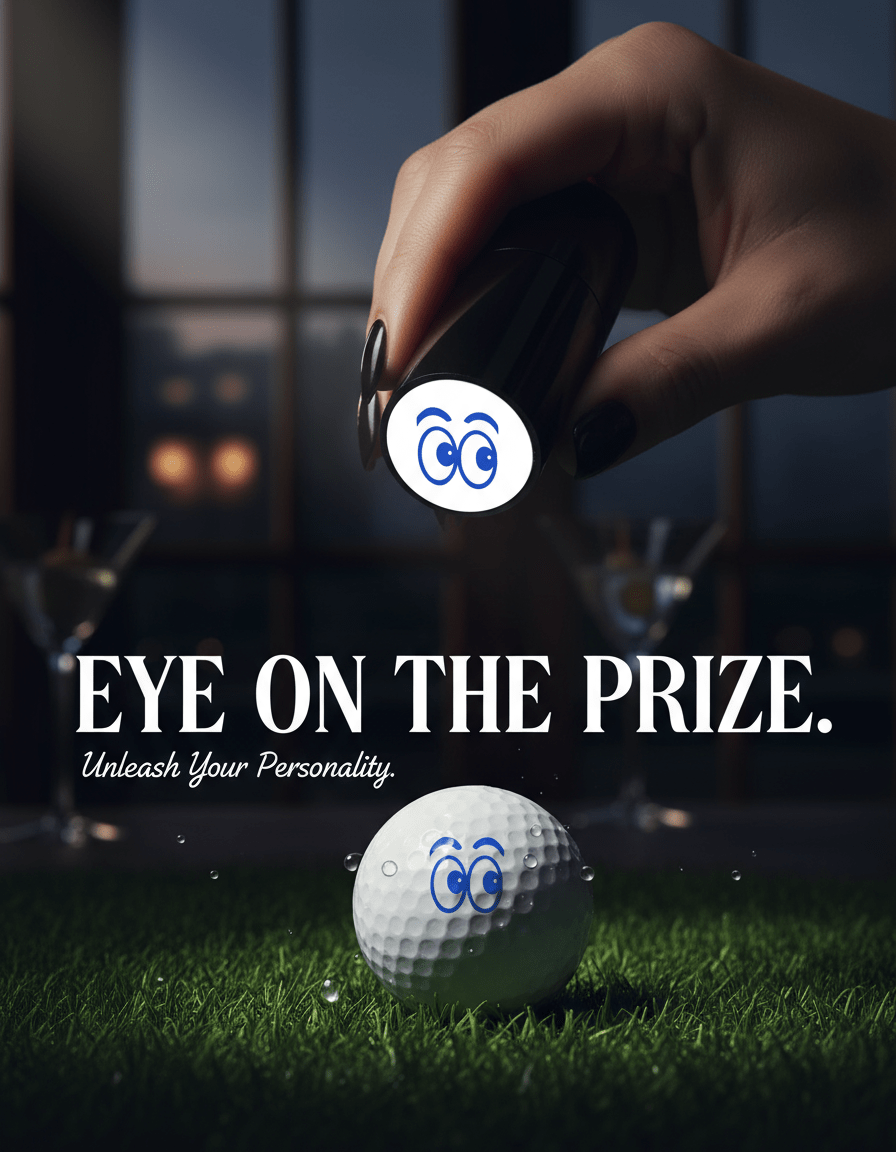 Golf ball with 'Eye on the Prize' logo and text on grass, blurred background