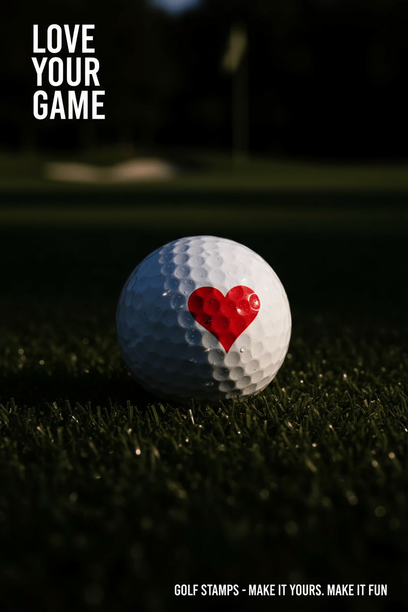 Golf ball with a red heart on a grassy background with 'Love Your Game' text.