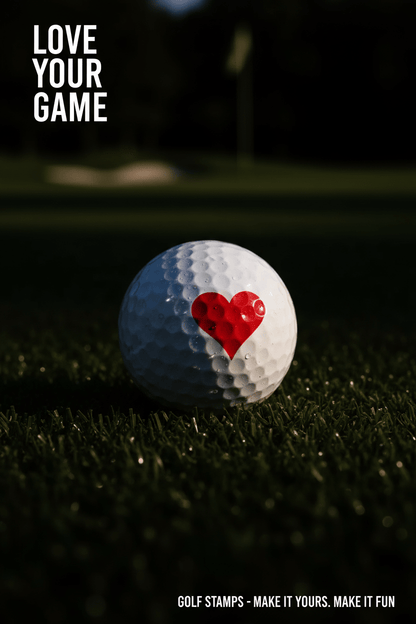 Golf ball with a red heart on a grassy background with 'Love Your Game' text.