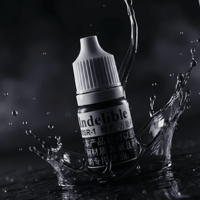 Bottle of 'Indelible' product with water splashes on a dark background