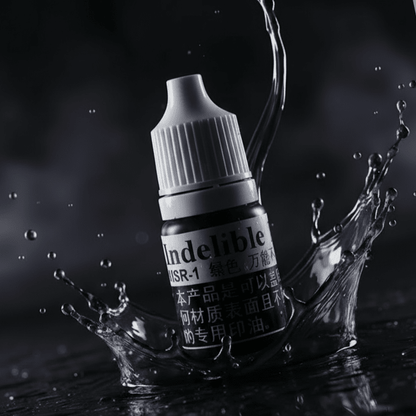 Bottle of 'Indelible' product with water splashes on a dark background
