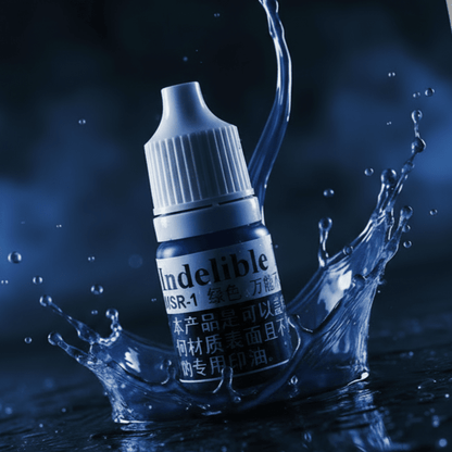 Bottle of Indelible product with water splash on a dark background