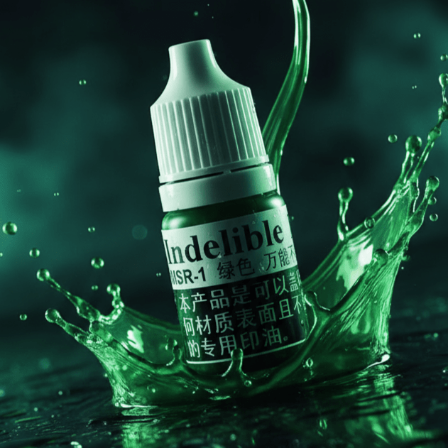 Bottle of green liquid with water splashes on a dark background, featuring the brand 'Indelible'.