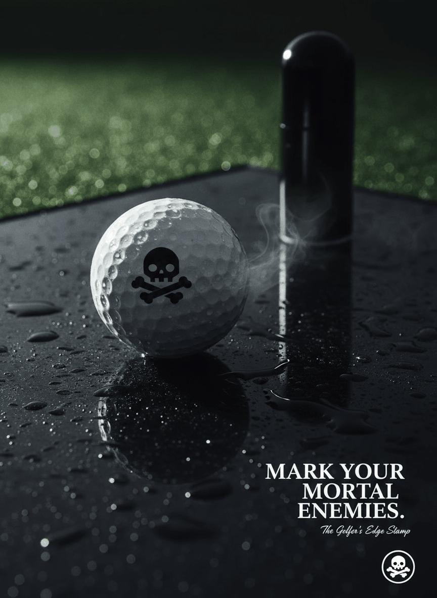 Golf ball with skull and crossbones design on a black surface, with text 'Mark Your Mortal Enemies' and logo.