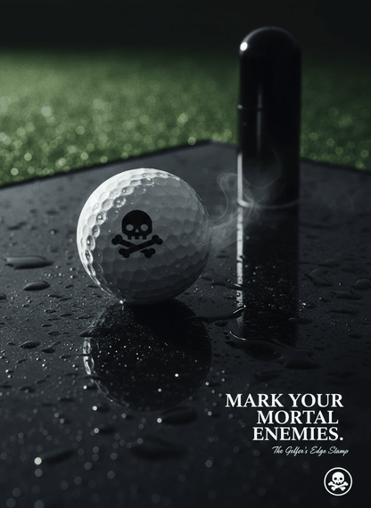 Golf ball with skull and crossbones design on a black surface, with text 'Mark Your Mortal Enemies' and logo.