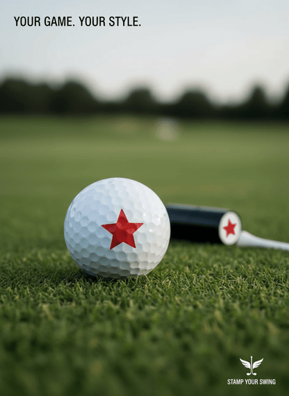Golf ball with a red star on grass, golf club in background, 'Your Game. Your Style.' text above.