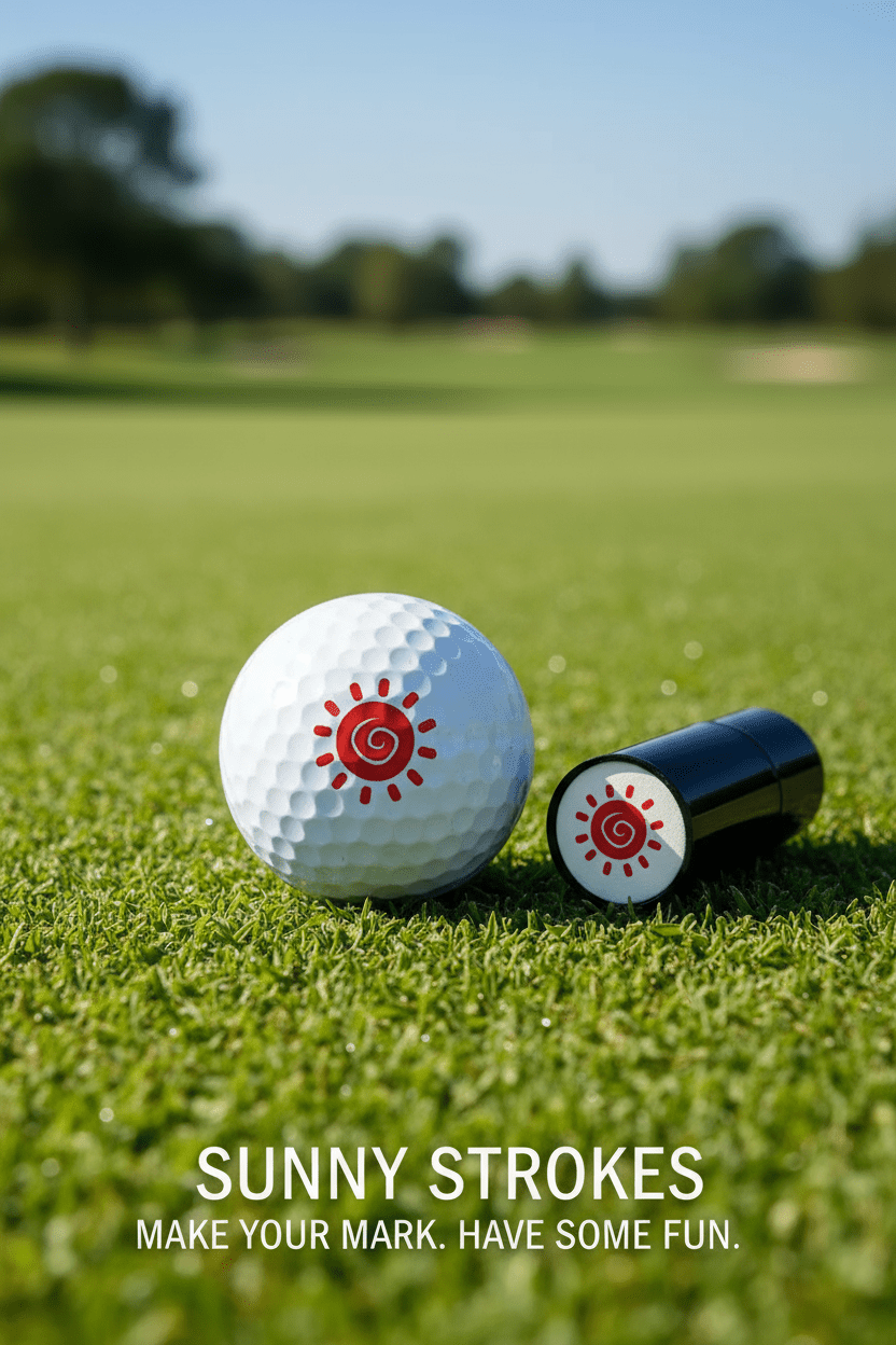 Golf ball and marker on grass with Sunny Strokes branding