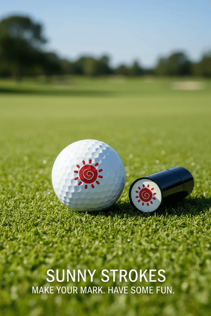 Golf ball and marker on grass with Sunny Strokes branding