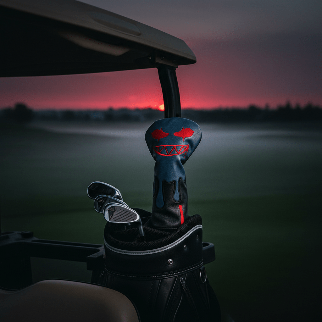 Golf club head cover with red accents on a golf cart at sunset