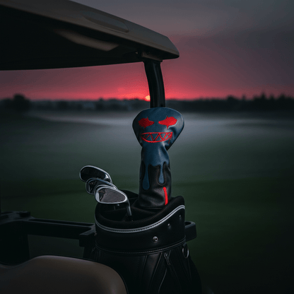 Golf club head cover with red accents on a golf cart at sunset
