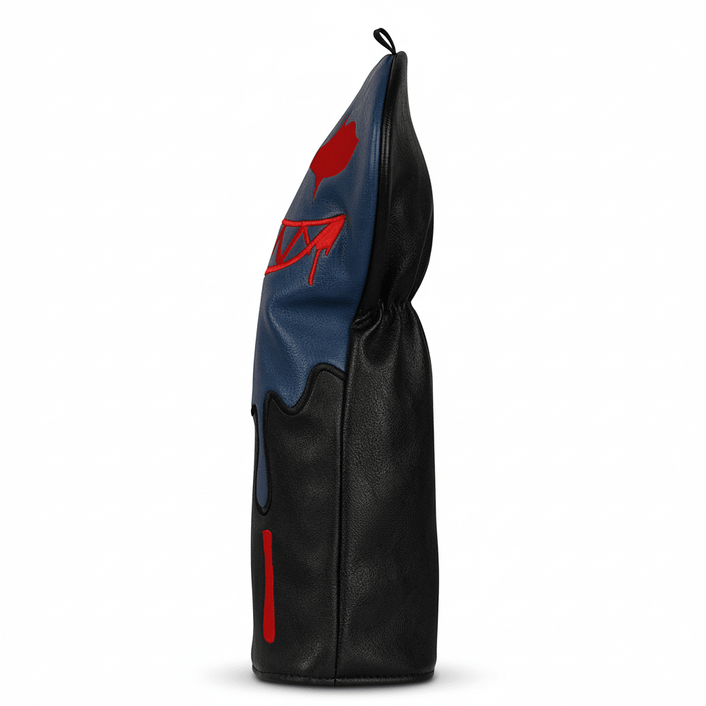Black golf headcover bag with blue and red design on a white background