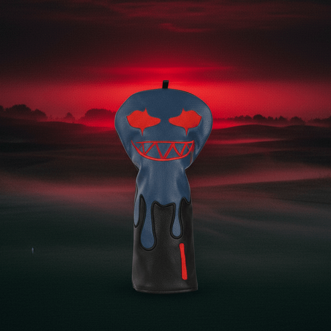 Horror-themed pumpkin with glowing red eyes and mouth against a dark, misty landscape.