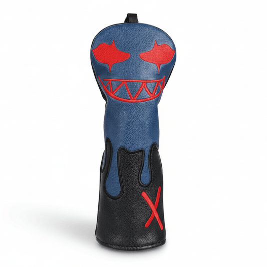 Golf club head cover with blue, black, and red design on a white background