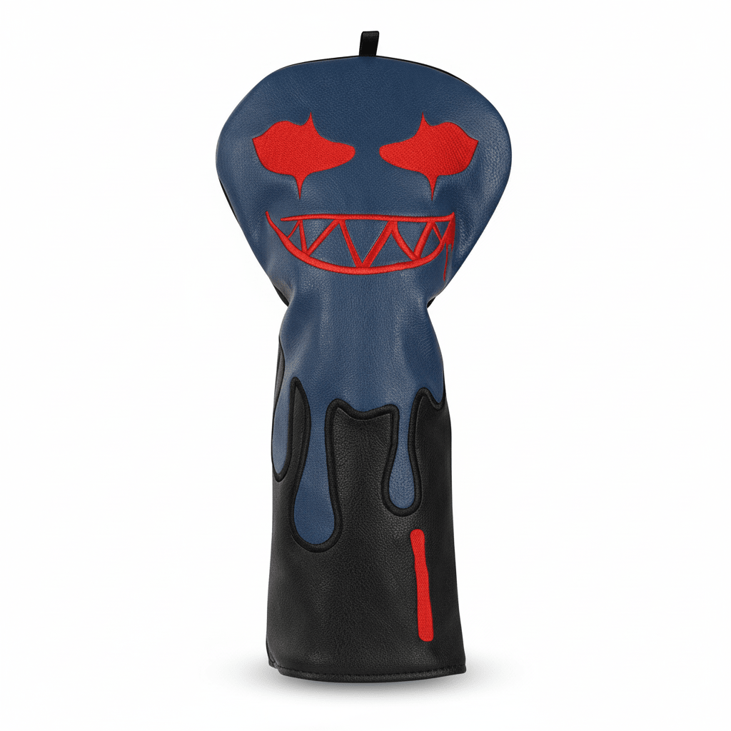 Golf club head cover with a cartoonish face design on a white background