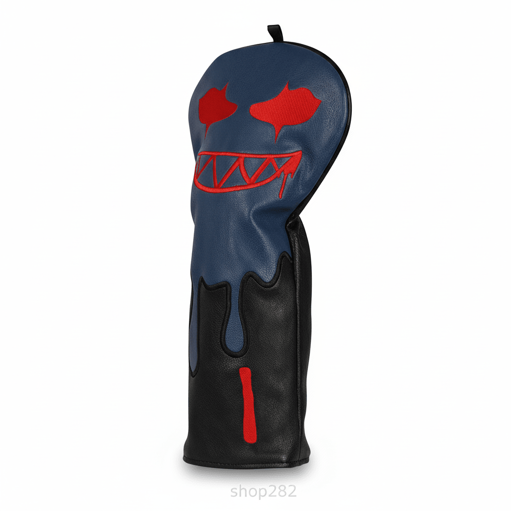 Golf club head cover with a black and blue design on a white background