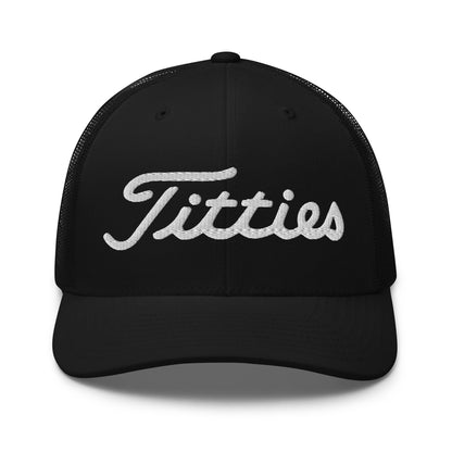 Black cap with 'Titties' embroidered on a white background
