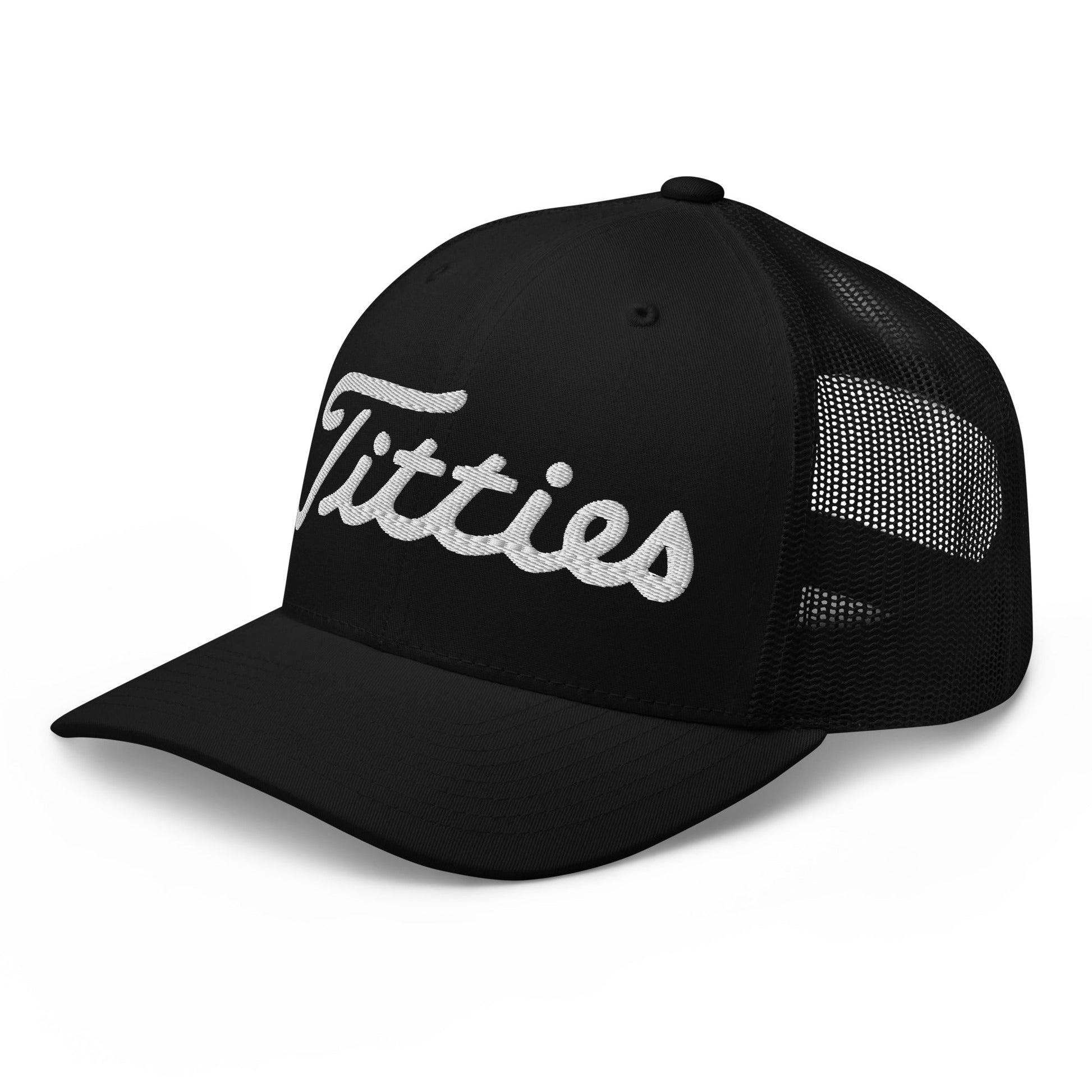 Black cap with 'Titties' text on a white background
