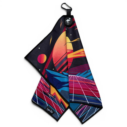 Retroscape Golf Towel | 24” x 16” Microfiber Towel | Magnetic Clip & Carabiner | Premium Golf Accessory | Sunset Mountain Drive - Club Rehab