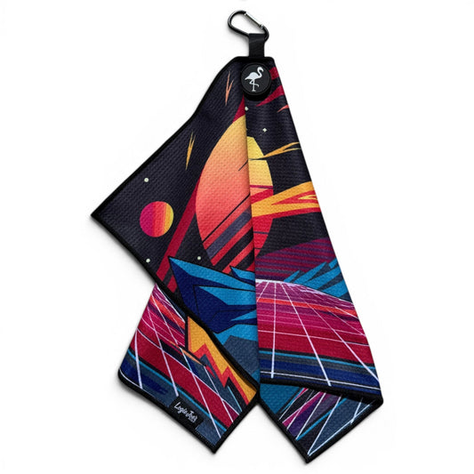 Retroscape Golf Towel | 24” x 16” Microfiber Towel | Magnetic Clip & Carabiner | Premium Golf Accessory | Sunset Mountain Drive - Club Rehab