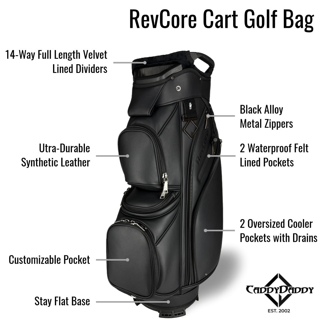 RevCore Lux Golf Cart Bag | 14 Way Velvet Lined Dividers - Matte Black - Club Rehab